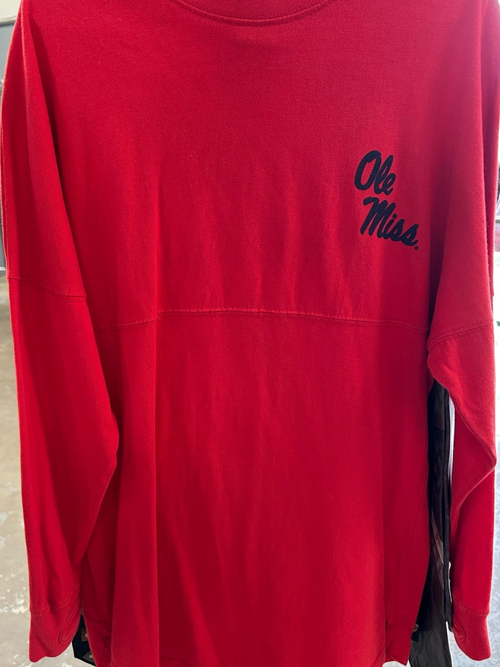 Pressbox Female Youth Ole Miss Long Sleeve Red Crewneck Shirt with Navy Script - Picture 4 of 7